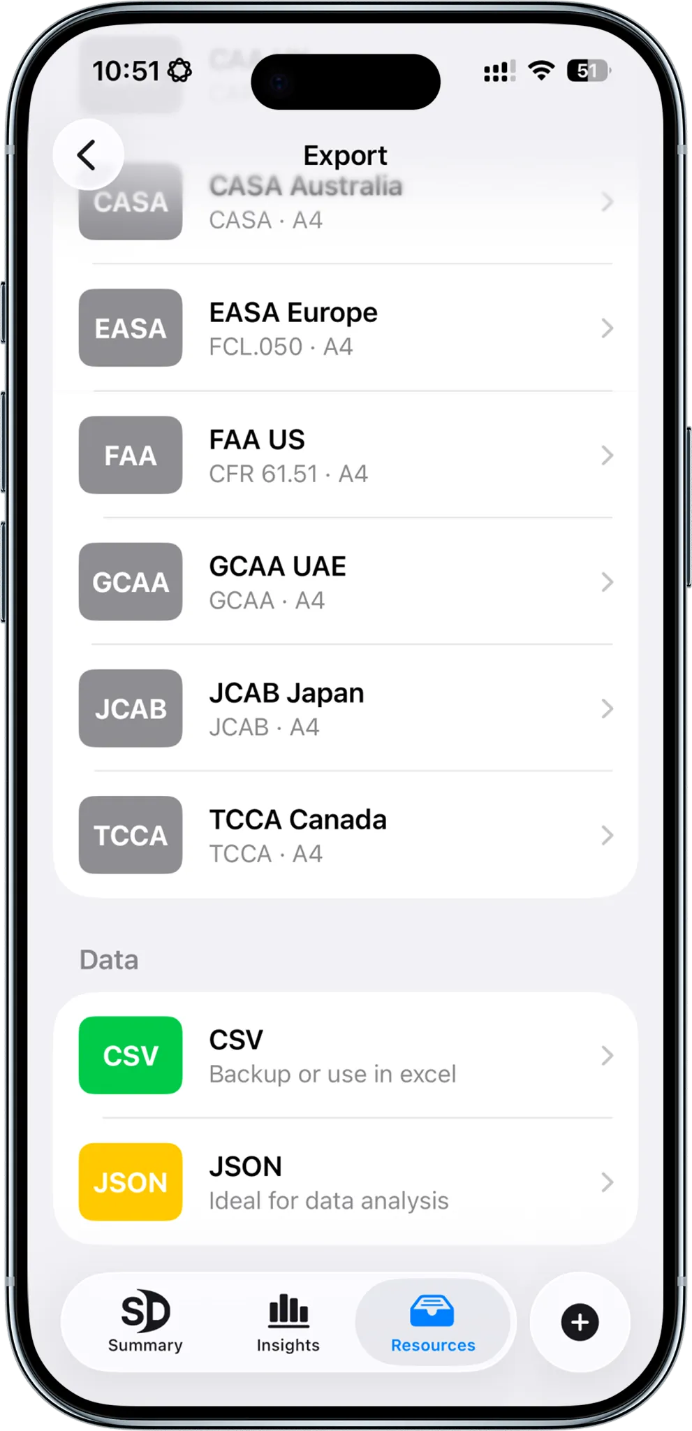 A smartphone screen displaying the export-screen of Skyden's app, showing some of the exports available in the app. Between PDFs and Data exports.