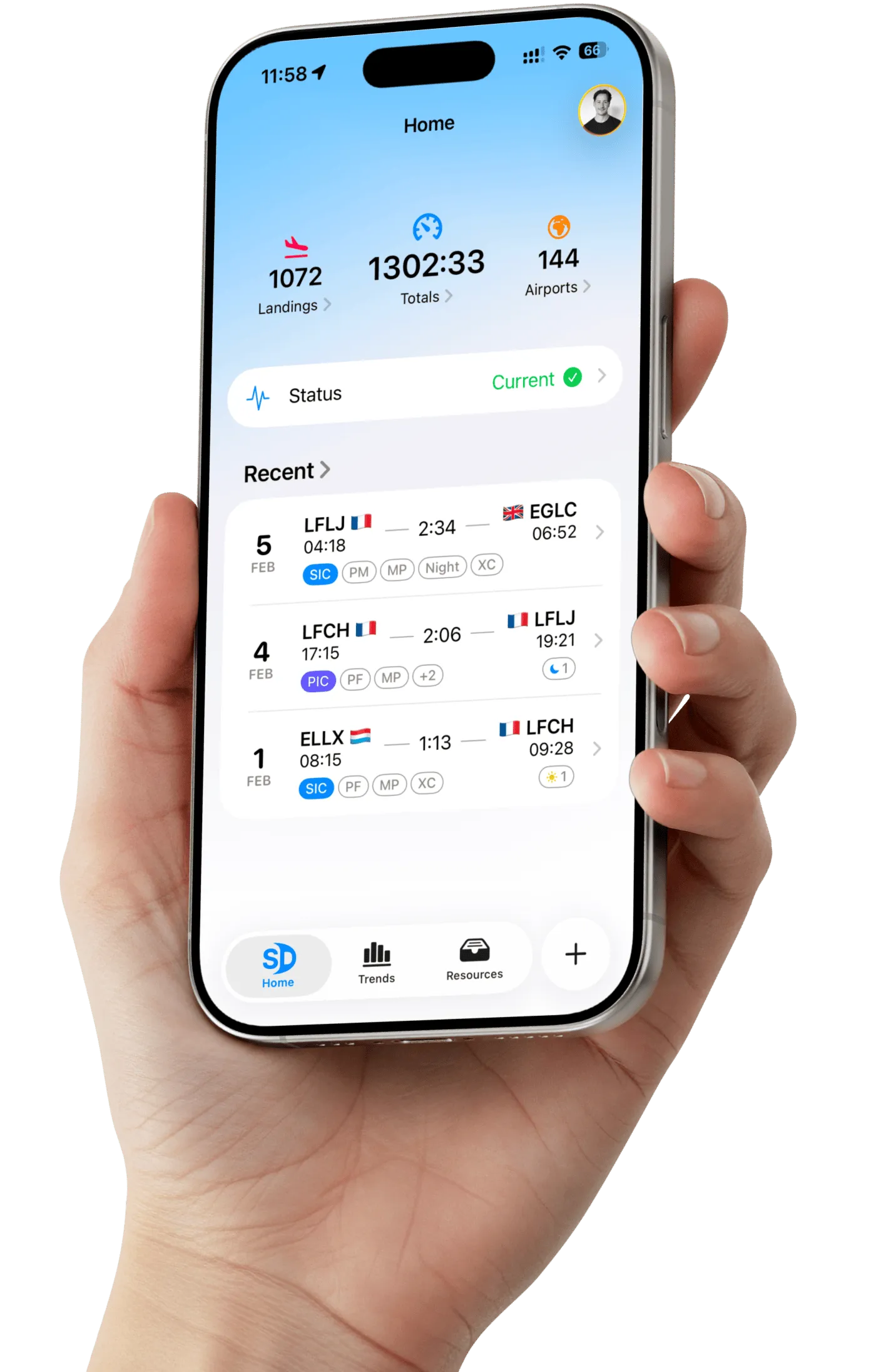 Photo of a pilot using Skyden on a phone in the cockpit of an airplane.