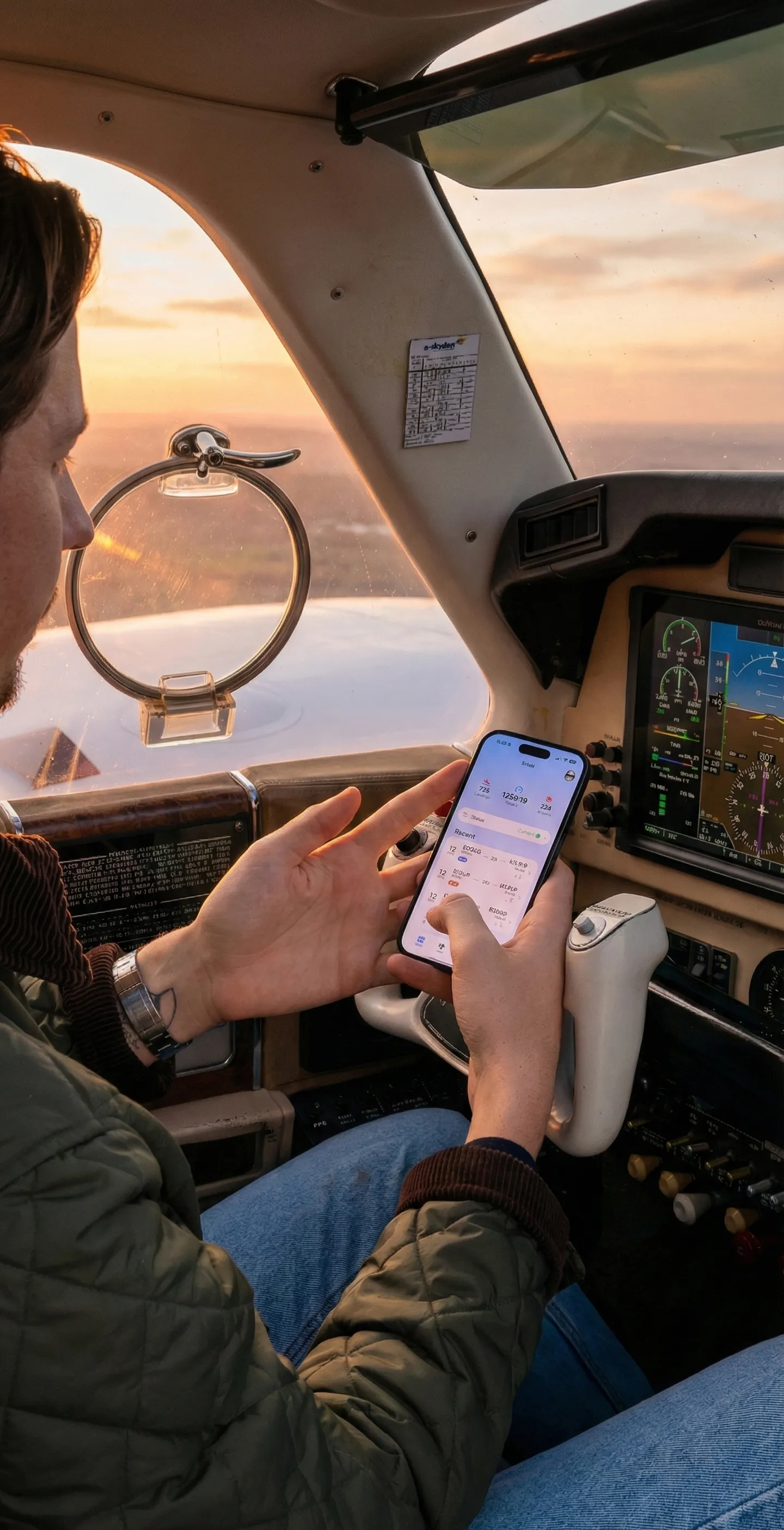 Photo of a pilot using Skyden on a phone in the cockpit of an airplane.