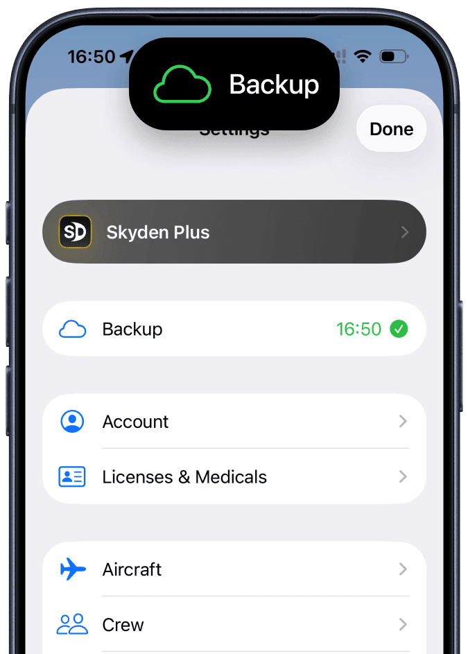 Settings with backup done