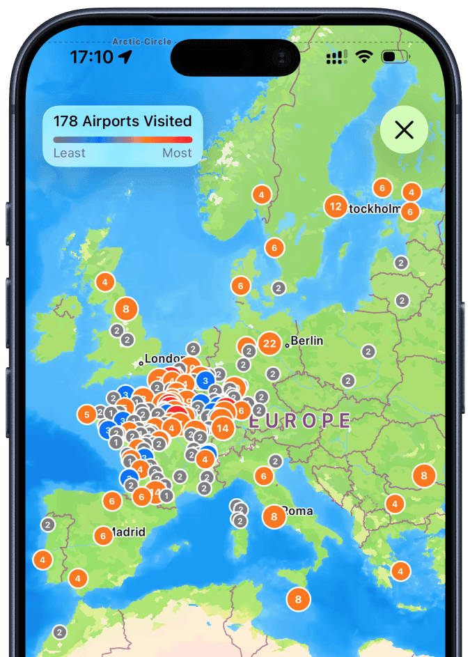 Skyden interactive map of all the airports visited